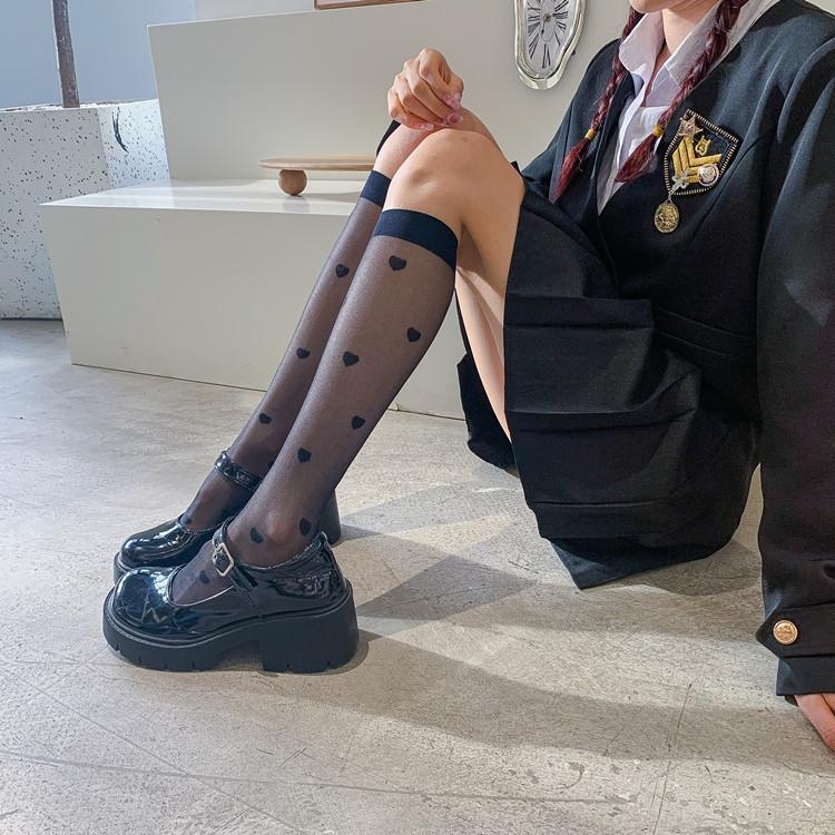 Spring Thin Ladies Black Jacquard Love Calf Socks, Japanese Jk Style Knee Socks Lolita Silk