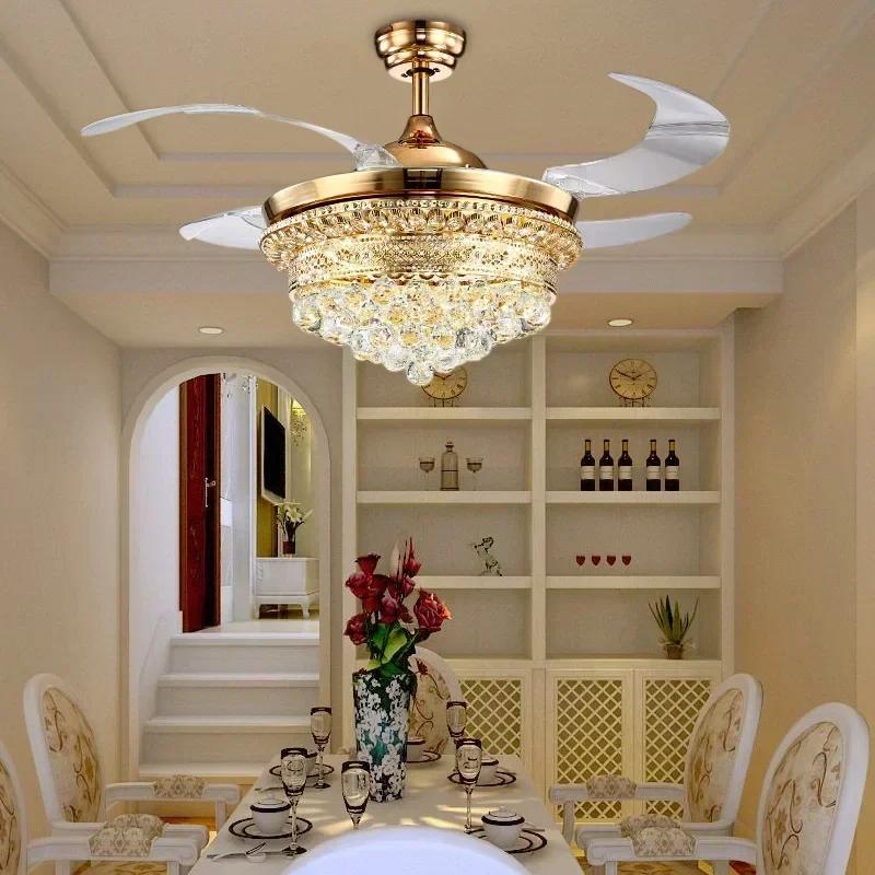 Modern Luxury Crystal Chandelier Atmosphere Living Room Fan Light Remote Control Chandelier Bedroom Dining Room Ventilation