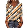 Womens Casual Halloween Print V Neck Three Quarter Sleeve Top Lightweight Stretchy Blouse for Fall Seasonal Wear