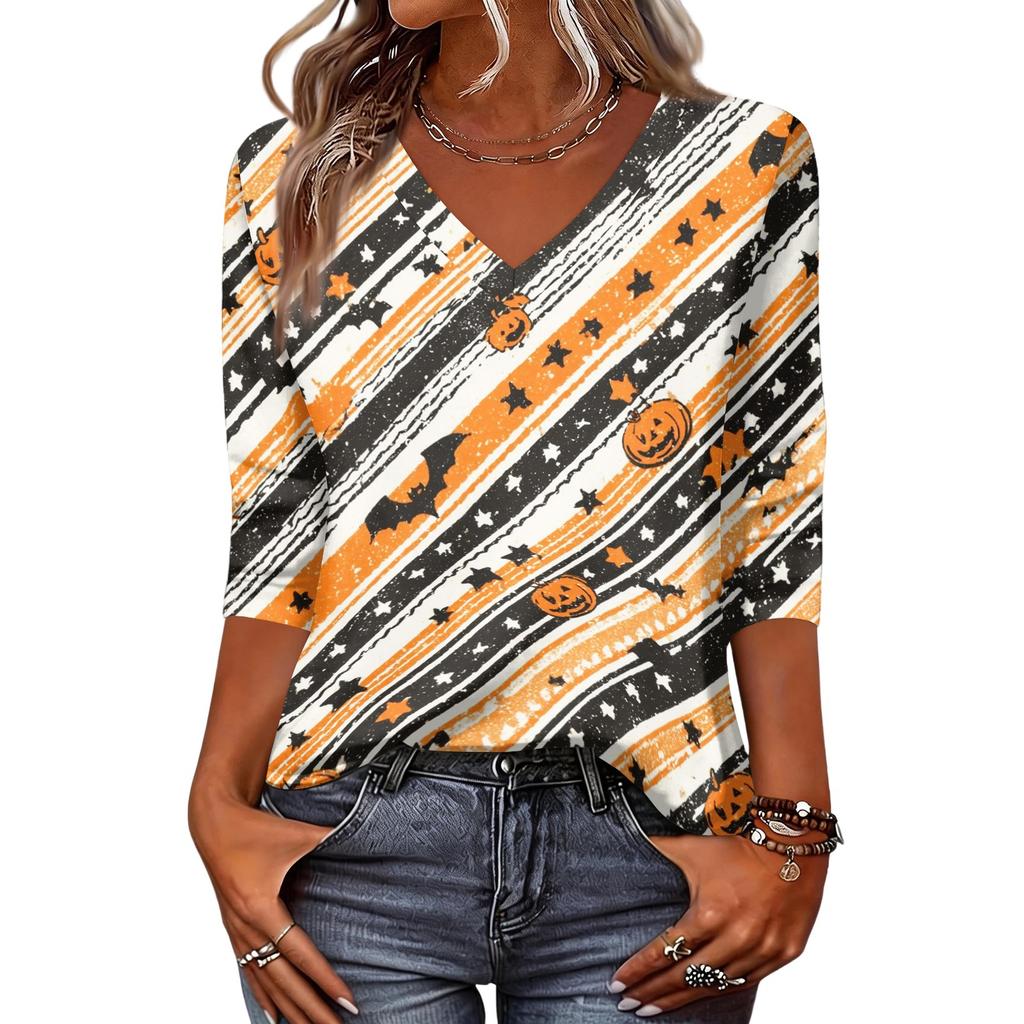 Womens Casual Halloween Print V Neck Three Quarter Sleeve Top Lightweight Stretchy Blouse for Fall Seasonal Wear