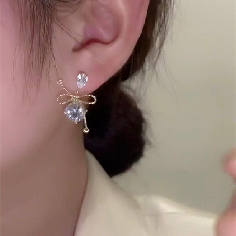 Cercei Stud Argint S925 Stil Coreean cu Fundă și Zirconiu pentru Femei