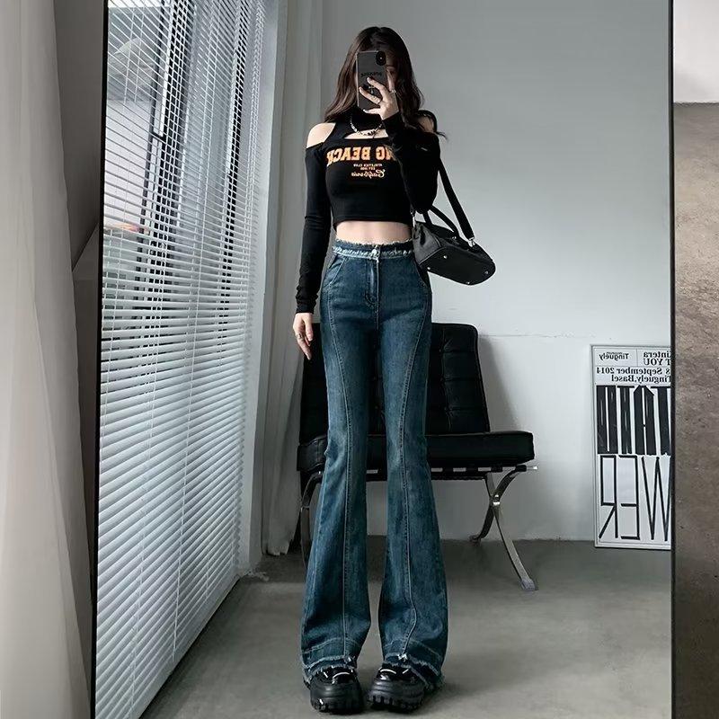 High-waisted micro-flared jeans women's spring and autumn new fashion tight retro rough edge slim horseshoe pants