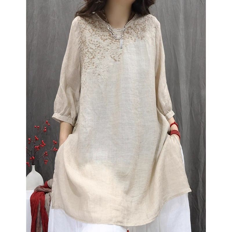 Spring and summer new embroidered T-shirt loose and thin casual medium and long top women's national style