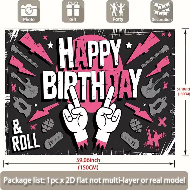 2D Printed Pink Black Rock Birthday Backdrop for Party Photoshoot