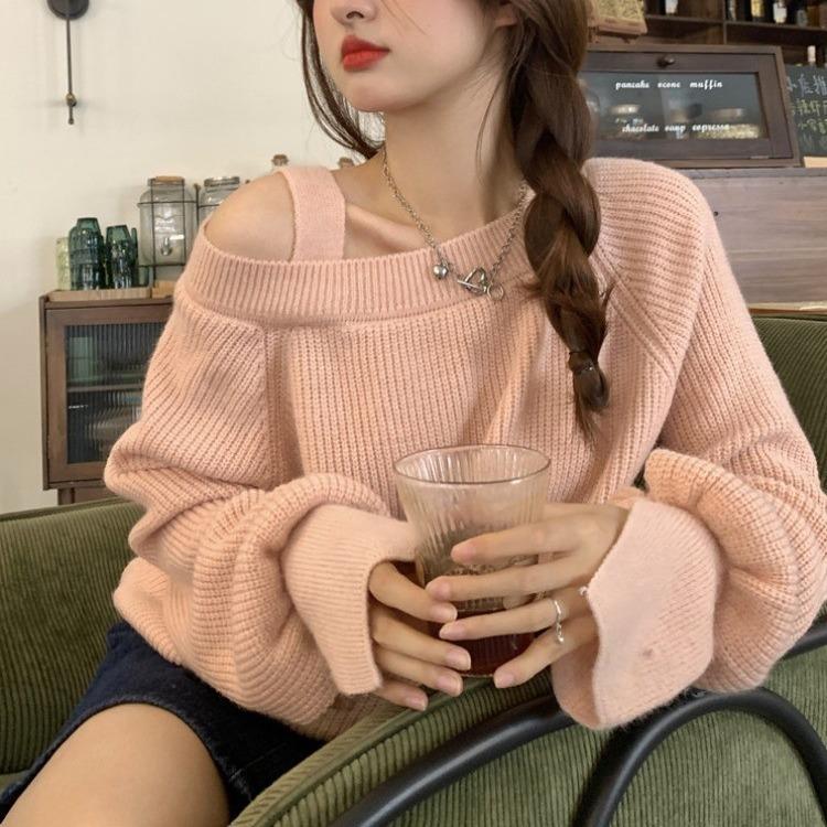 Suéter de color liso con hombros descubiertos, suéter elegante de manga larga para otoño e invierno, ropa de mujer