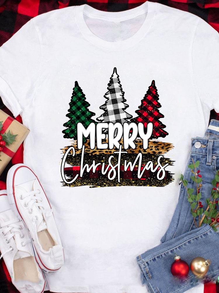 (Asian Size) Tee Top Festival  Merry Christmas New Year Holiday Casual Love Heart Plaid Women Print Lady Short Sleeve Fashion Graphic T-shirts