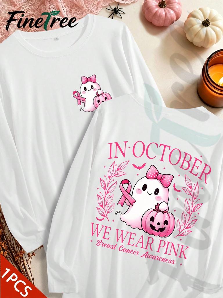 Cute Ghost Pumpkin Pink Ribbon Shirt October Breast Cancer Awareness Long Sleeve Top