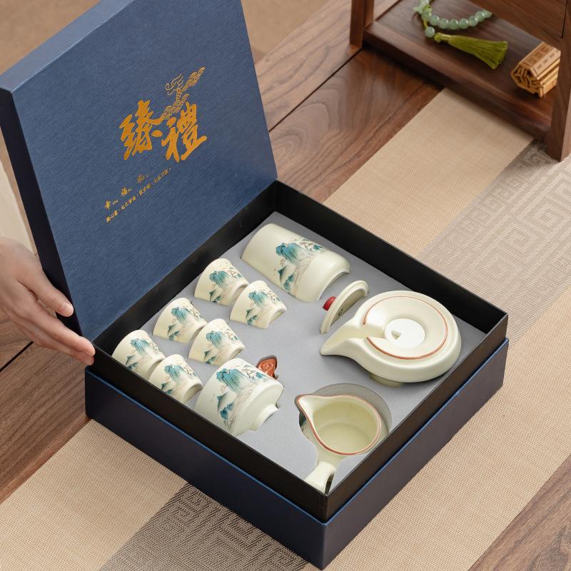 Tea set Ru kiln set Household lazy semi-automatic tea making tea artifact Business gift Splendid Mountains and Rivers Kuaike Cup