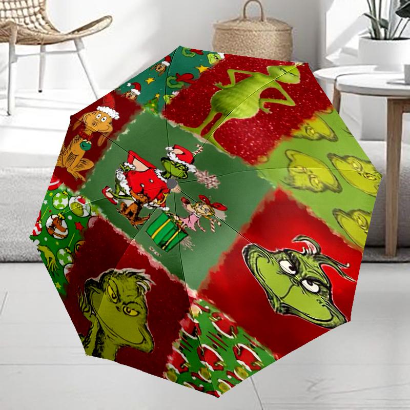 Umbrelă Automată cu Tematică Grinch, Ușoară și Portabilă, 8 Nervuri, Perfectă pentru Călătorii în Aer Liber, Zile de Naștere, Crăciun, Cadouri.