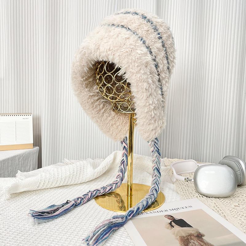 Color matching plush hat for women, thickened in autumn and winter, warm and cold-proof, small-faced outdoor knitted headgear