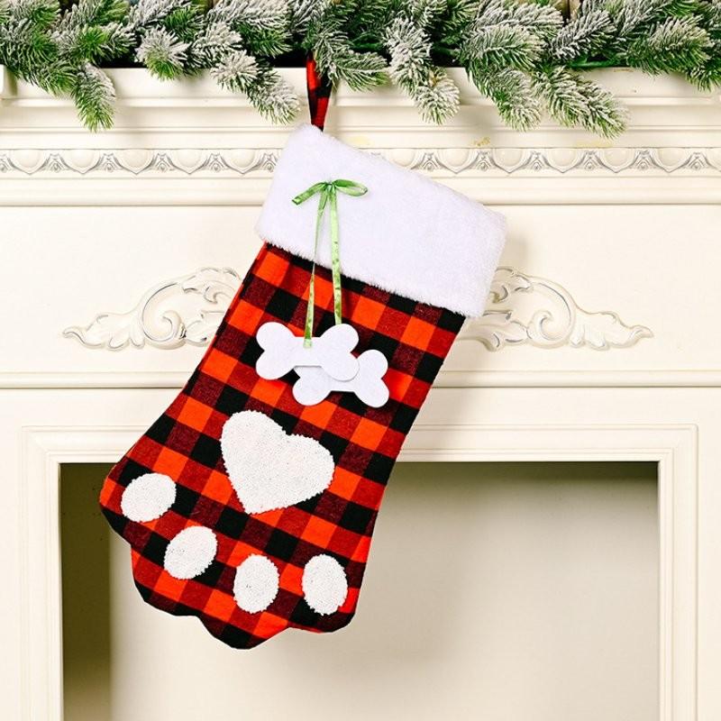 Adorable Red And Black Plaid Dog Paw Christmas Sock Ideal Holiday Gift Bag For Children