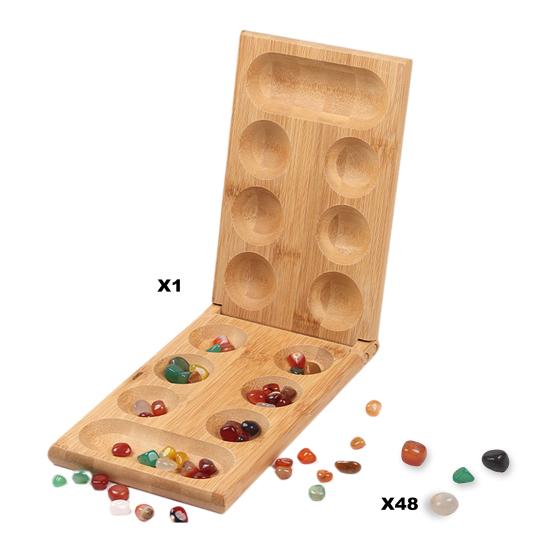 Hra Bamboo Mancala se skládací dřevěnou deskou pro 2 hráče Barevná šachová hračka z přírodního kamene Cestovní děti Dospělí Vzdělávací figurky oblázků Strategická hra