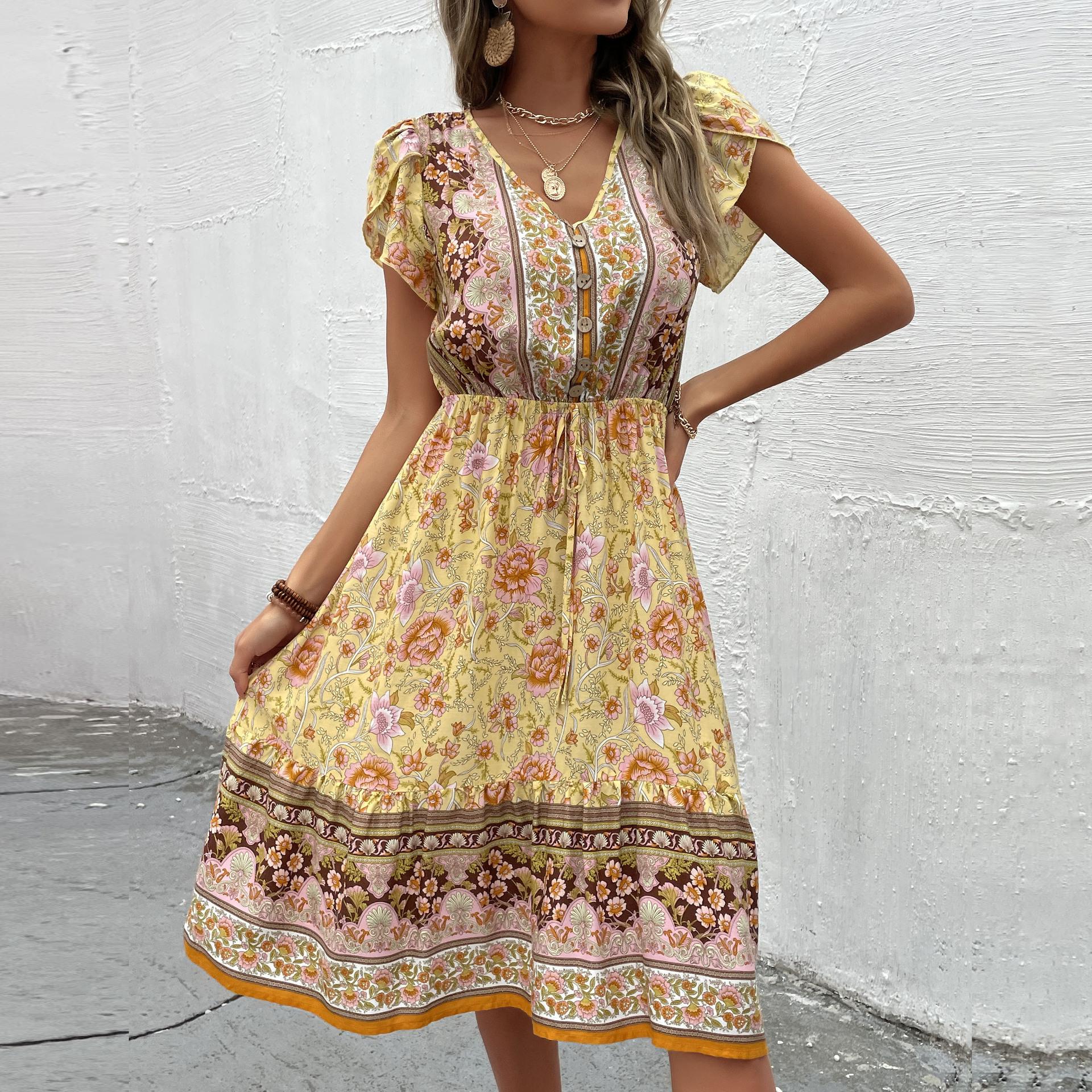 New European and American popular women s clothing summer v-neck petal sleeve bohemian print dress S