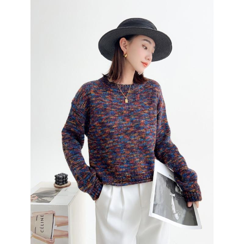 Retro autumn and winter crew neck pullover sweater women's casual variegated top splicing soft waxy short versatile knitted sweater top