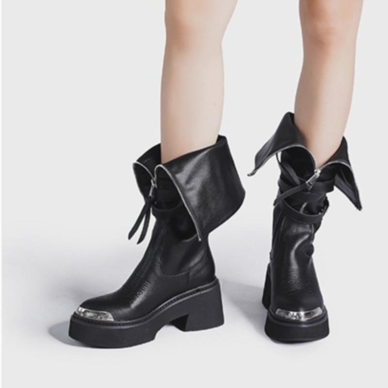 Bottes pour femmes Deux Portés Tête Métallique Tube Haut Mode Bottes pour Femmes Tendance Punk Gothique Rock Cuir Chevalier Bottes Longues Botte de Moto