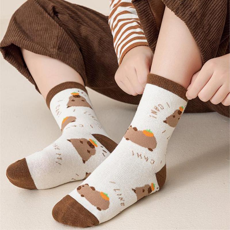 5Pairs Cartoon Capybara Print Mid-Tube Socks Breathable Soft Casual Socks Unisex Autumn Winter Coffee Keep Warm Mid-Tube Socks