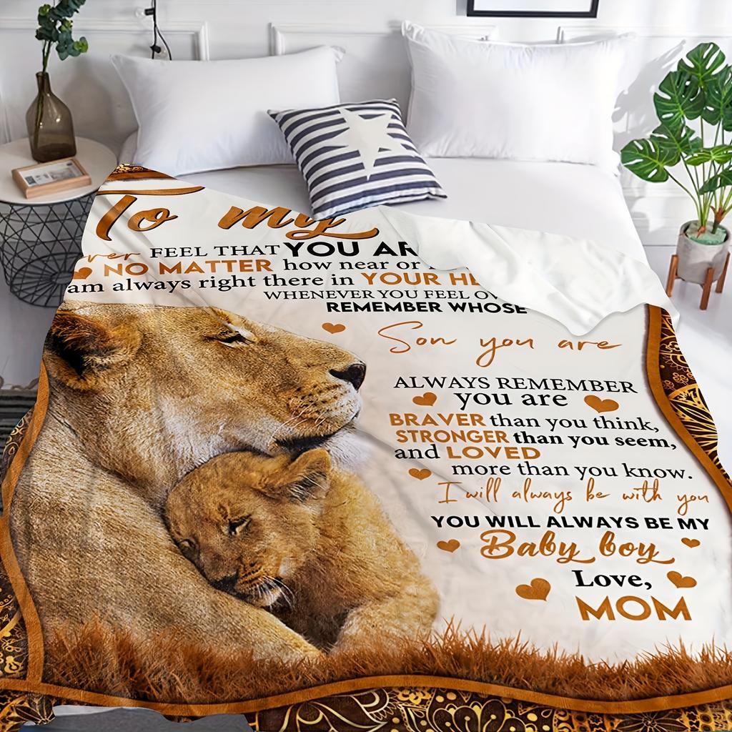 1pc Cozy Flannel Blanket with Lion Design - Soft Knit Polyester, Sentimental Quote for Son from Mom, Universal Home Decor, No Battery Required