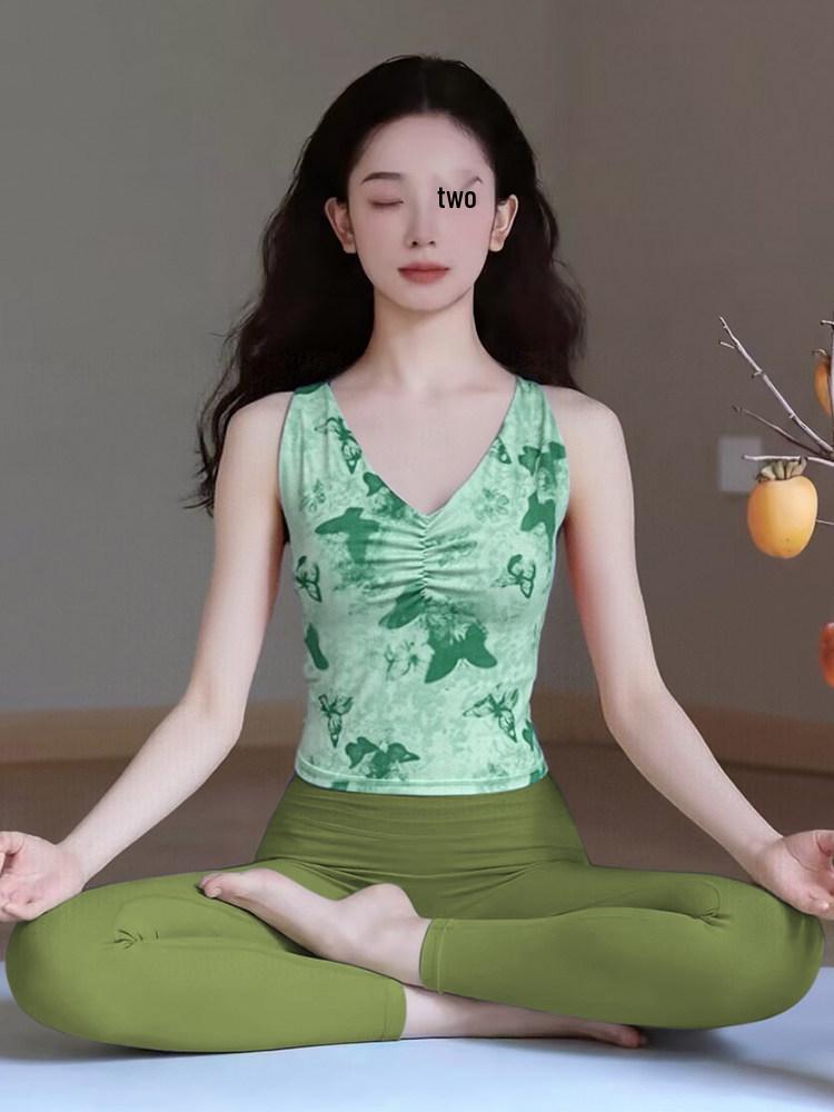 Women's 2025 Chinese Style Yoga Vest with Chest Pads - Stunning Print Pilates Fitness Top