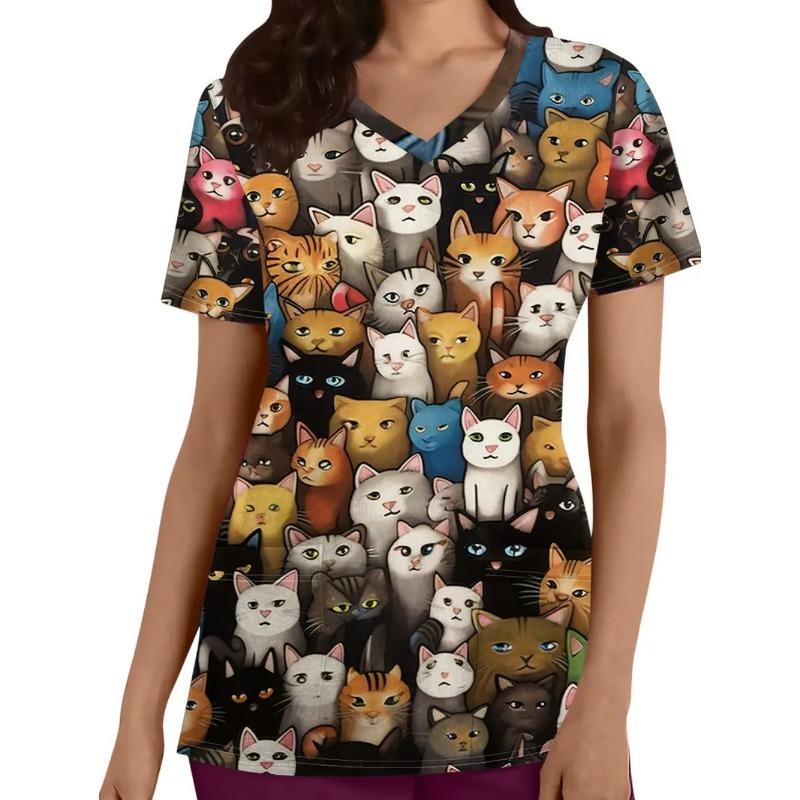 Woman Cute Cat Pattern Print V-Neck Short Sleeve Nurse Uniform Tops Comfortable with Pockets Medical Clothes