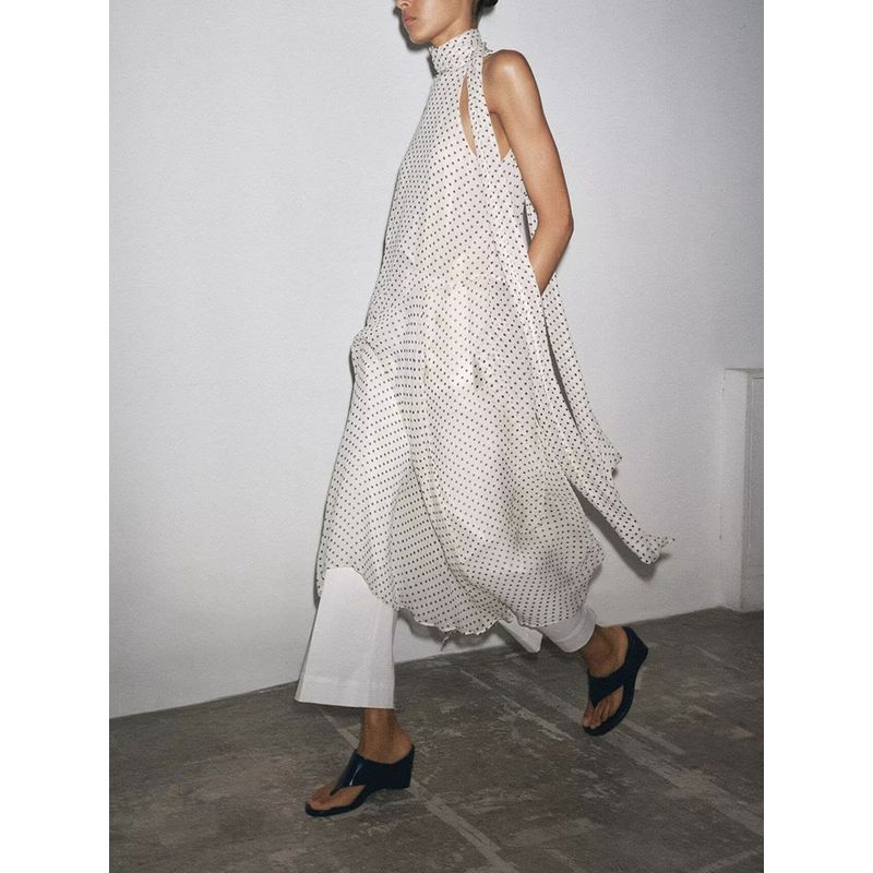 Za2025 Summer New Product Women's Clothes Elegant Comfortable Sleeveless Open Back Polka Dot Hanging Collar Dress 5289042