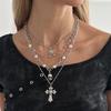 Gothic Diamond Cross Stacked Collarbone Chain, Sweet And Cool Love Skull Pendant Necklace