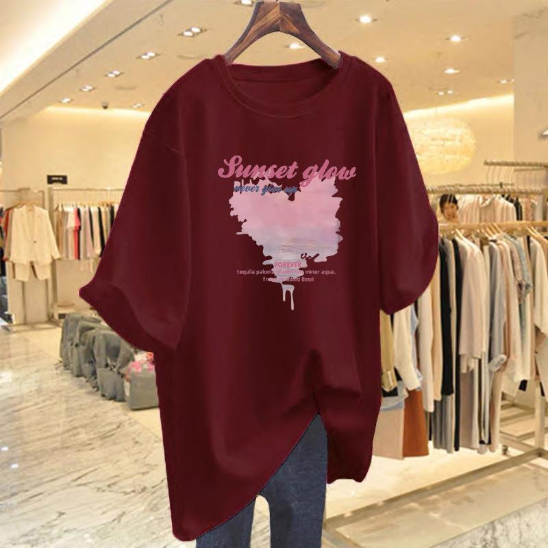 Loose cotton alphabet short-sleeved T-shirt women's medium and long 2025 summer new large version half-sleeved top