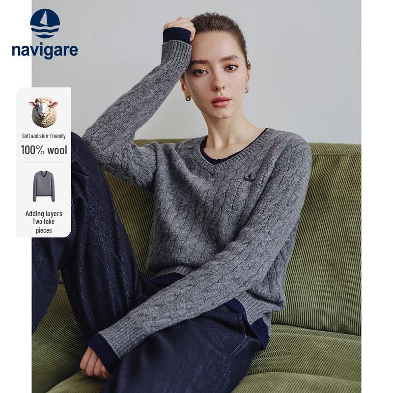 Navigare Women's Faux Two-Piece Cable Knit Long Sleeve Wool Sweater