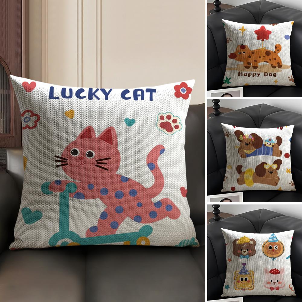 Cute and Free Cats and Dogs Cushion Cover Natural Linen Organic Fabric DoubleSided Printing Sofa Home Decor Breathable