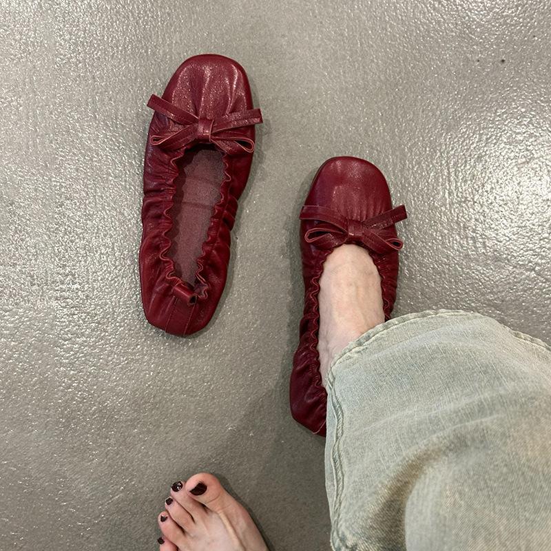Sheepskin version~ 2025 new retro bow light mouth elastic mouth flat sole shoes women's round head ballet shoes