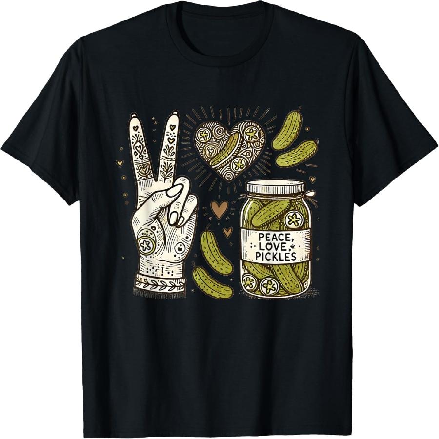 Groovy Peace Love & Pickles A Retro Delight for Food Lovers T-Shirt S