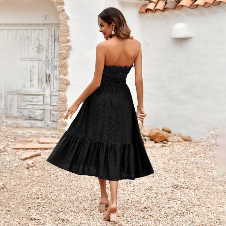 Summer Women Casual Sleeveless Strapless A-Line Dress High Waist Middle Long Solid Color One Collar Spring Dresses S-XL