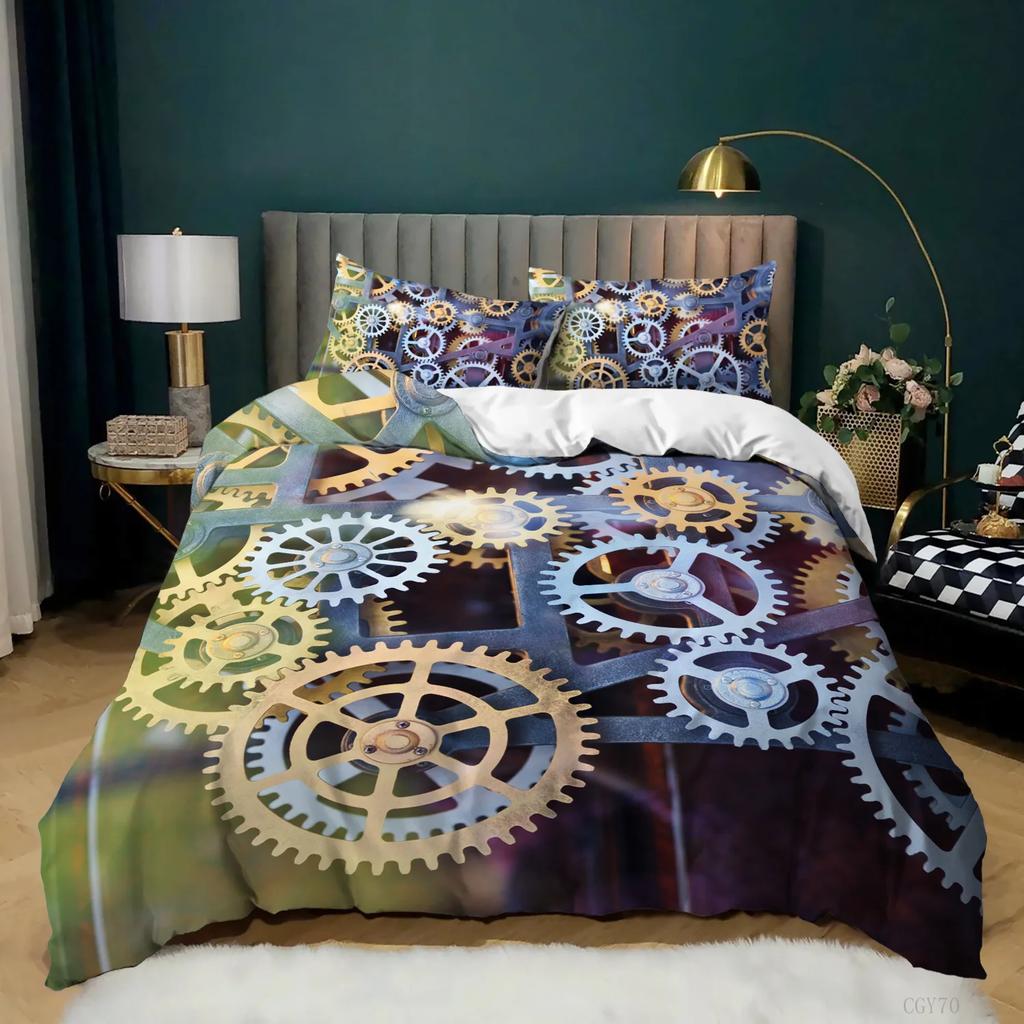 Industrial Gear Bedding Steampunk Style Duvet Cover King Queen Metal Mechanical Device Polyester Quilt Cover for Teens Men Black