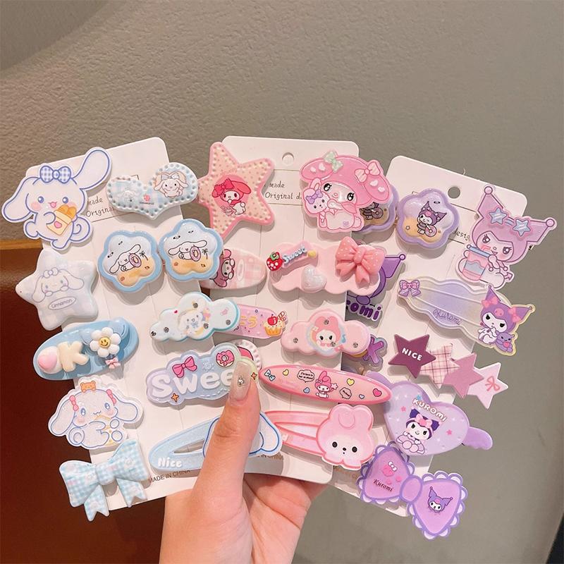 10Pcs Hellokitty Cute Headwear Children'S Acrylic Hair Clip For Girls Kuromi Forehead Hair Clip Melody Bangs Clips