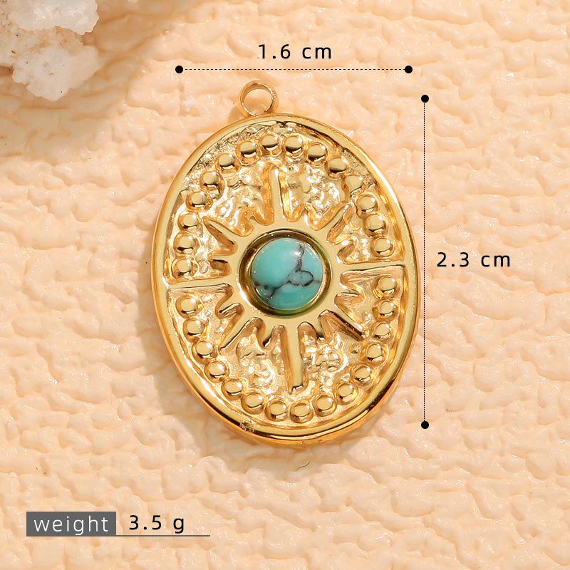 European Retro Turquoise Geometric Oval Pendant - Stainless & Titanium Steel Jewelry for Women