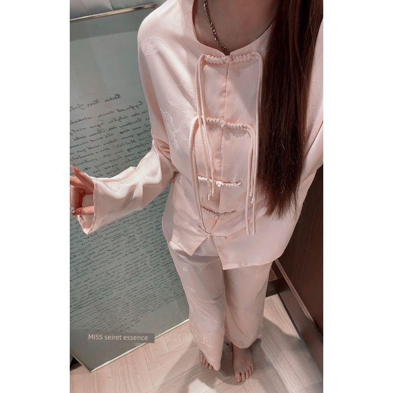 

New Chinese Style National Style Buckle Rosy Ice Silk Pajamas Women s Suit Summer Long sleeve Trousers High-Grade Home Wear Rose powder M