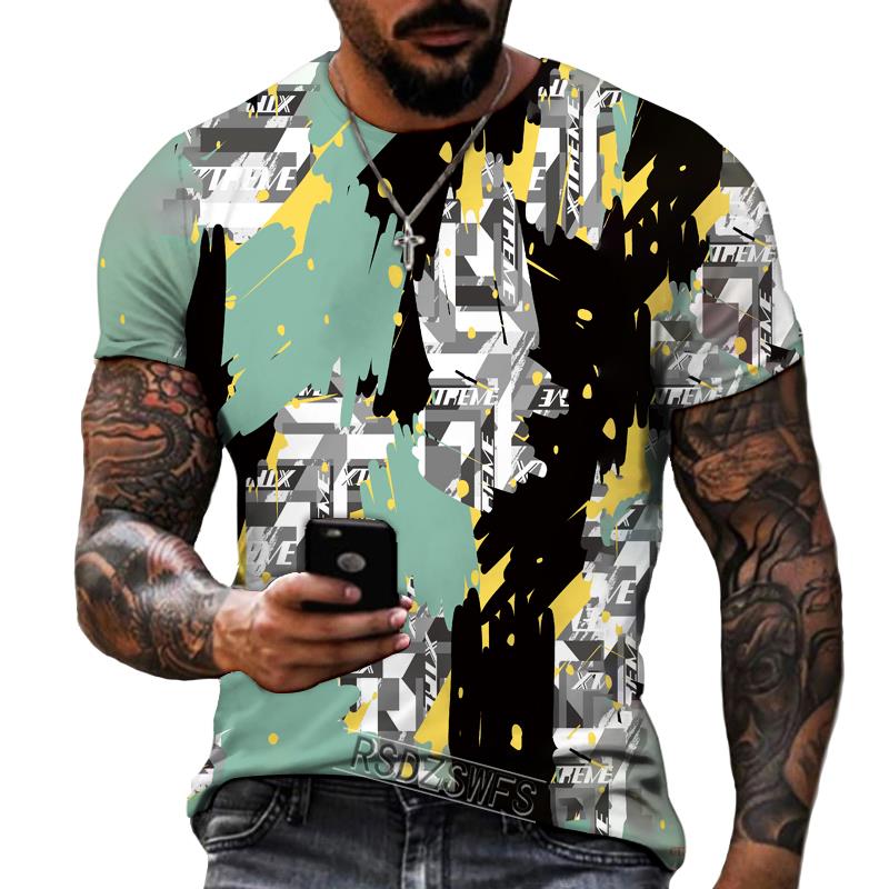 New Design Men's T-shirt Iron Chain Black and White Colorful Painting Style Short Sleeve T-shirt High Quality Fat