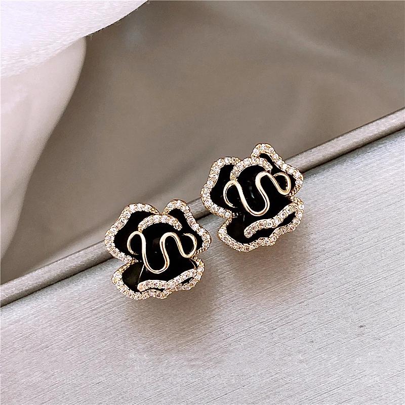 New Luxury Micro Set Zircon Black Camellia Flower Earrings for Womens Korean Fashion Jewelry Party Exquisite Accessories
