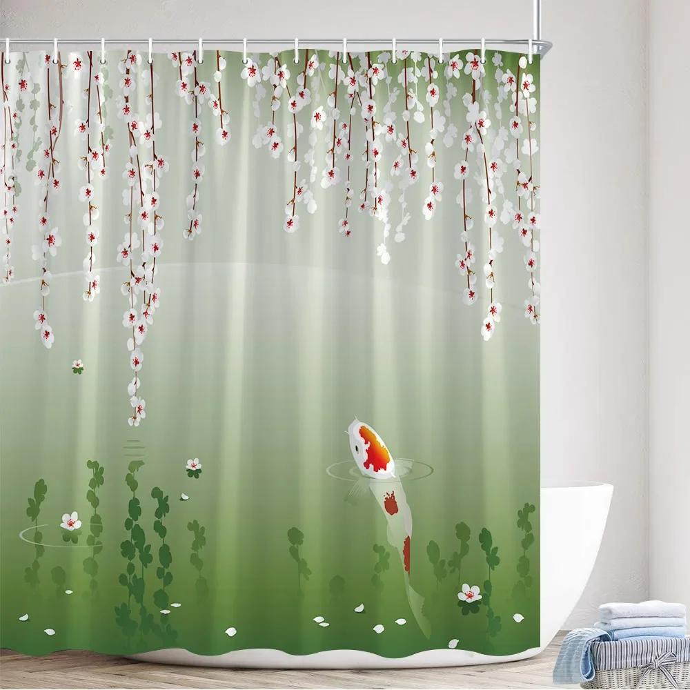 Flower Carp Shower Curtains Bird Red Floral Koi Fish Ink Plants Mountain Water Landscape Fabric Bathroom Decor Bath Curtain Sets