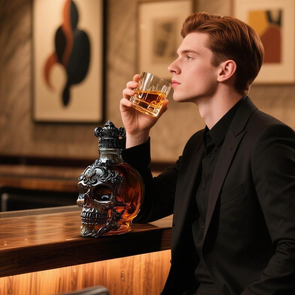 Halloween Decorations Skull Decanter Skull Shaped Whiskey Decanter Bottle Handcrafted Gothic Glass Bottle for Home Bar Halloween