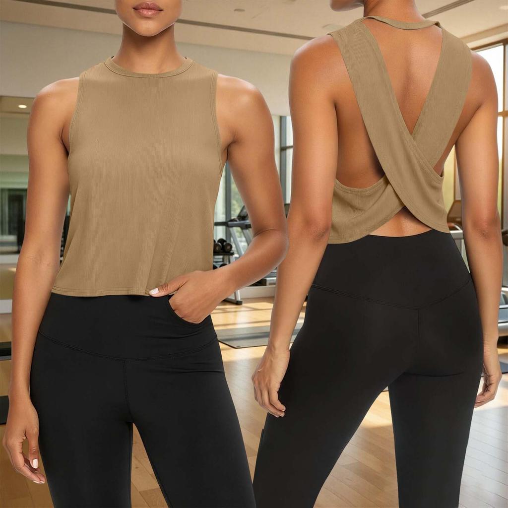 Sleeveless Athletic Tank Top Cross Back Design Lightweight Breathable Fabric Stretch Fit Workout Shirt for Women Gym Running Yoga