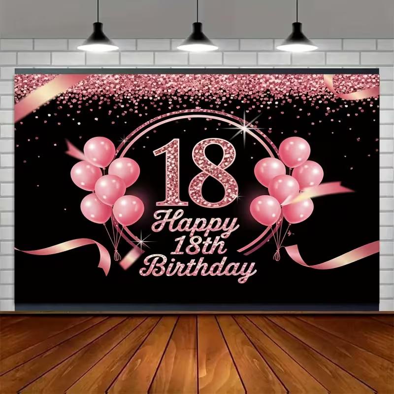 2D Black Pink Balloon 18th Birthday Backdrop, Glitter Confetti Decor Banner