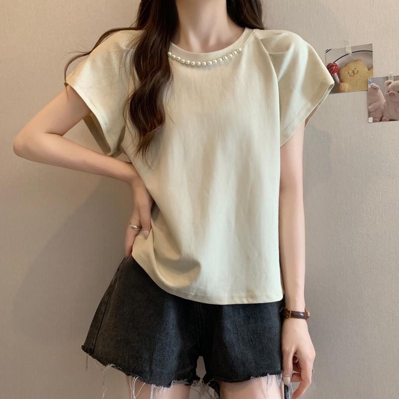 Plus Size Beaded Puff Sleeve Top - Versatile Slimming Summer Short Sleeve T-Shirt