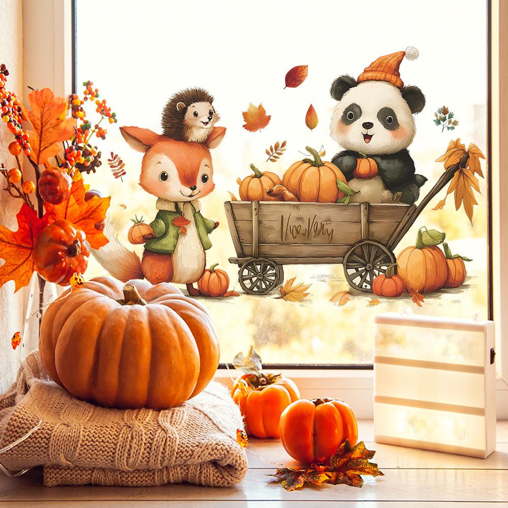 Cartoon Home Decoration Wall Stickers Featuring Little Cats, Foxes and Hedgehogs Transporting Pumpkins