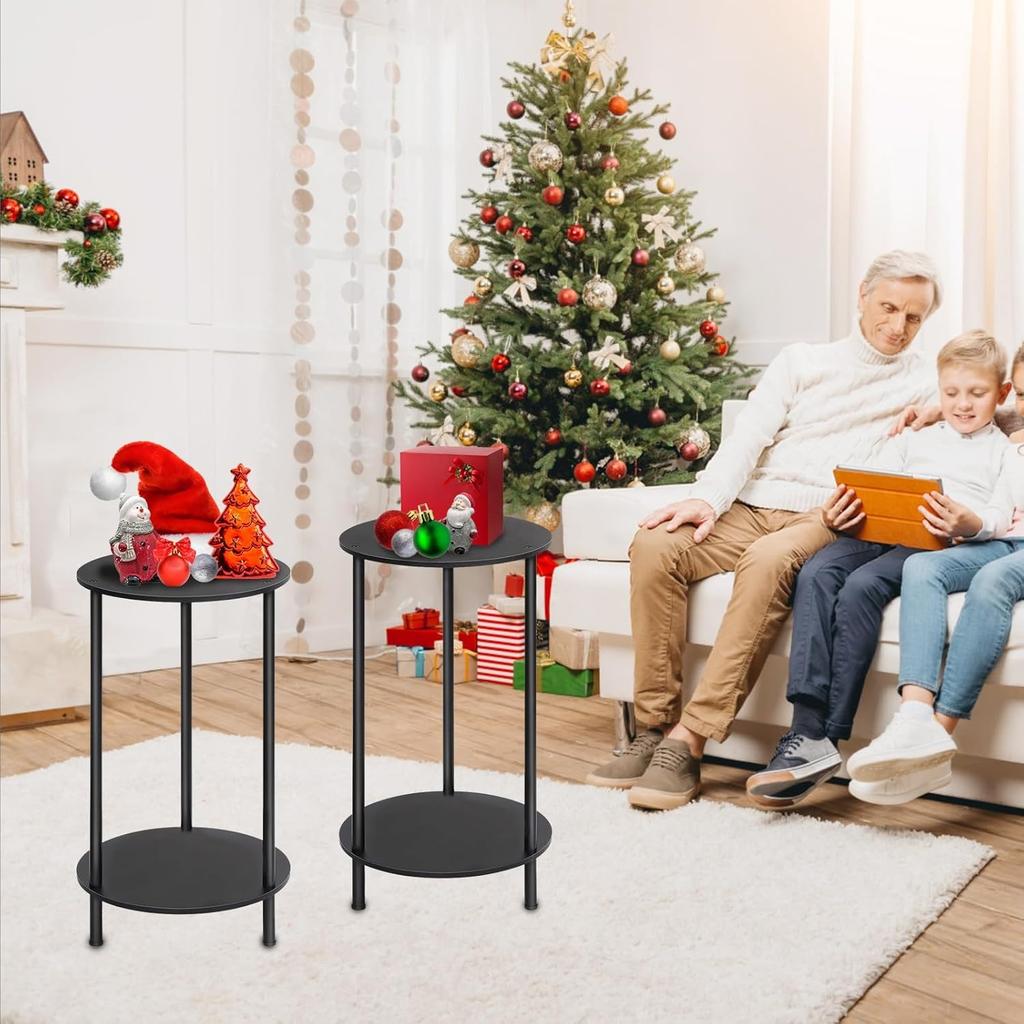 2-Tier Farmhouse Round End Tables (Set of 2) - Compact Storage Coffee/Night Stands for Small Spaces Bedroom/Living Room (Black)