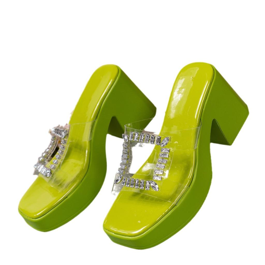 European and American cool slippers women's spring and summer new fashion sequins one-word drag rhinestone half slippers platform high heels women