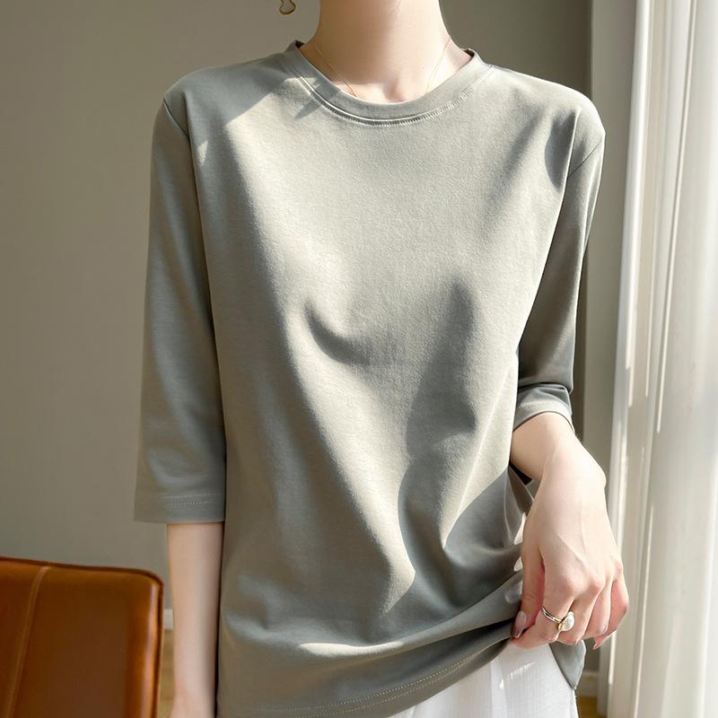Women's Mercerized Cotton Solid Color Mid-Sleeve T-Shirt