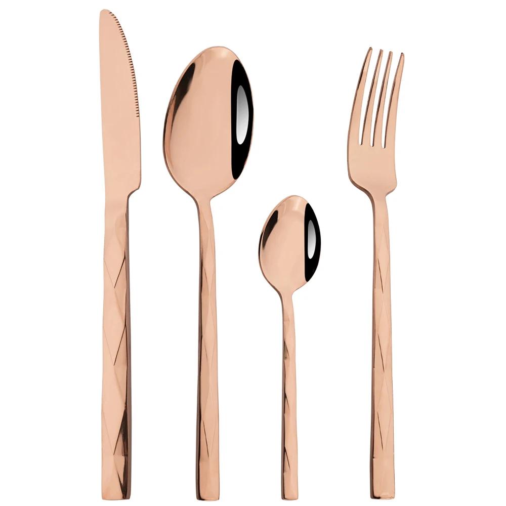 Western 4Pcs Stainless Steel Dinnerware Diamond Shaped Knife Fork Spoons Cutlery Set Restaurant Kitchen Tableware Flatware Set