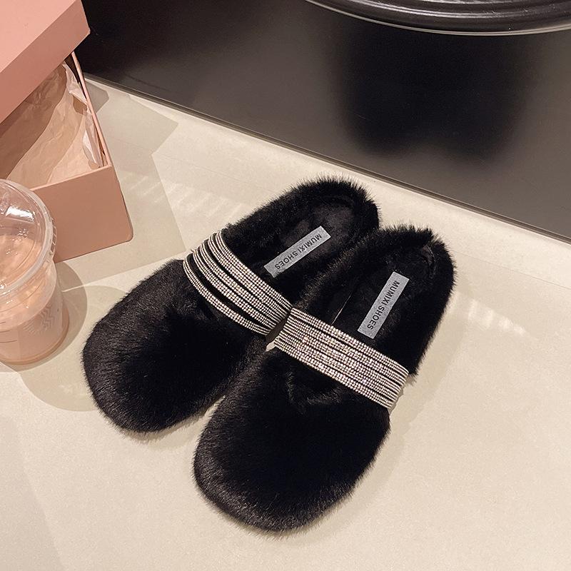 Premium Sense Rhinestone Fluffy Shoes Women's Winter Wear 2025 New One-pedal Cotton Shoes Winter Velvet Cotton Slippers