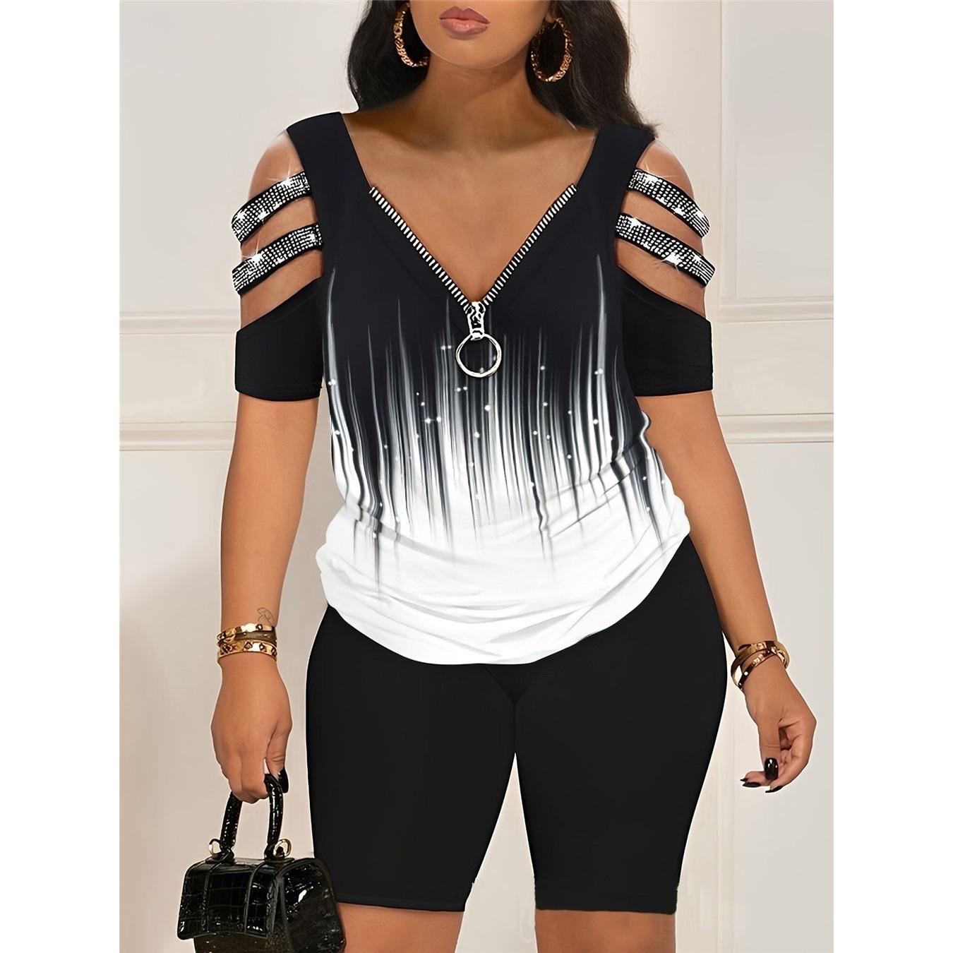 

Женские комплекты с принтом, короткими рукавами, молнией, V-образным вырезом, футболкой и шортами, весенне-летний комплект из двух предметов XXXL белый