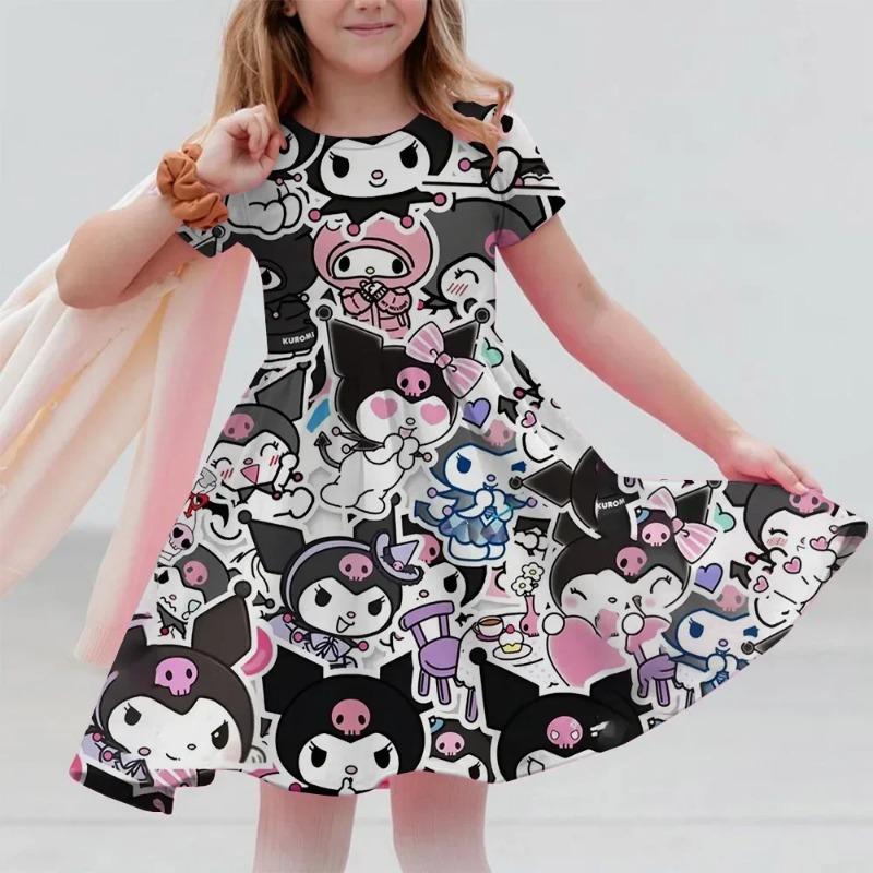 Sanrio 2026New Girls Summer Dress Fashion Cartoon Cute Hello Kitty 3DPrint Dresses Girl Short Sleeve Princess Vacation Clothing